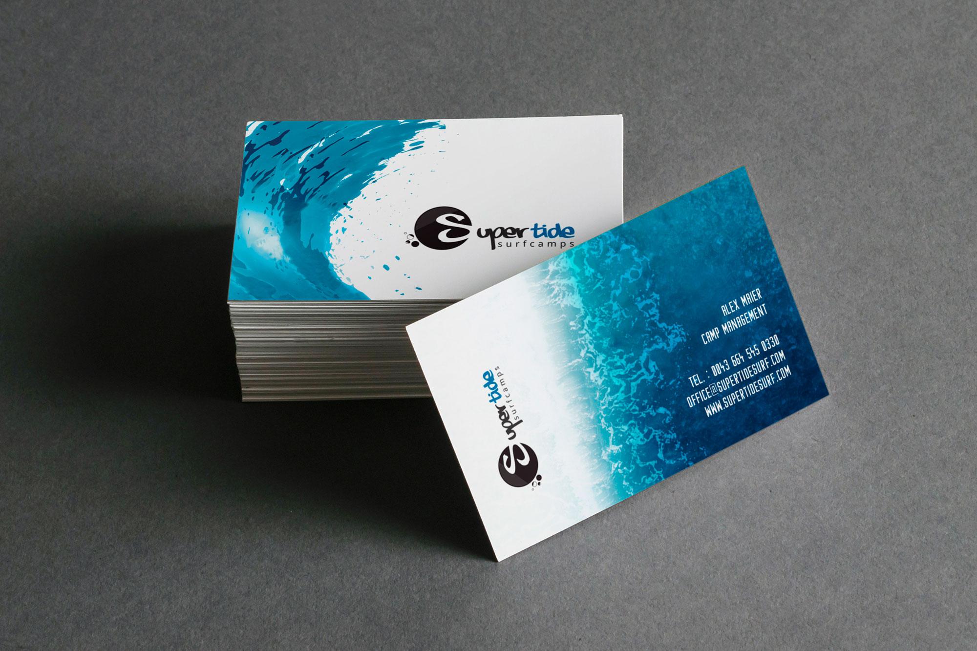 Hochwertige Visitenkarten für Supertide Surfcamps Reiseagentur